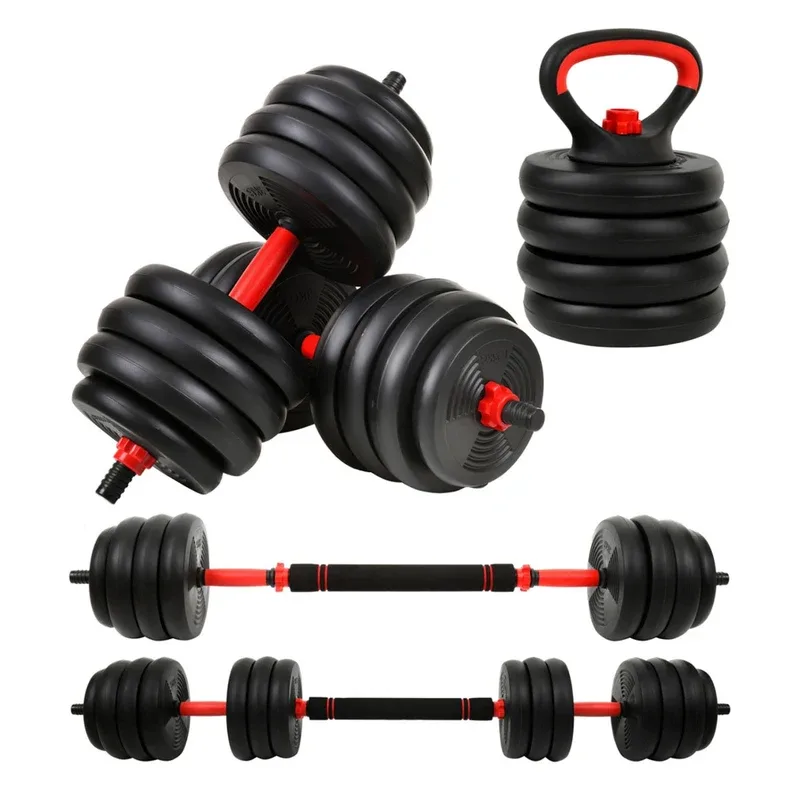 Kit Ahead Sports 6 em 1 de 20 kg em preto e vermelho: dois halteres, montagem em kettlebell e barra longa