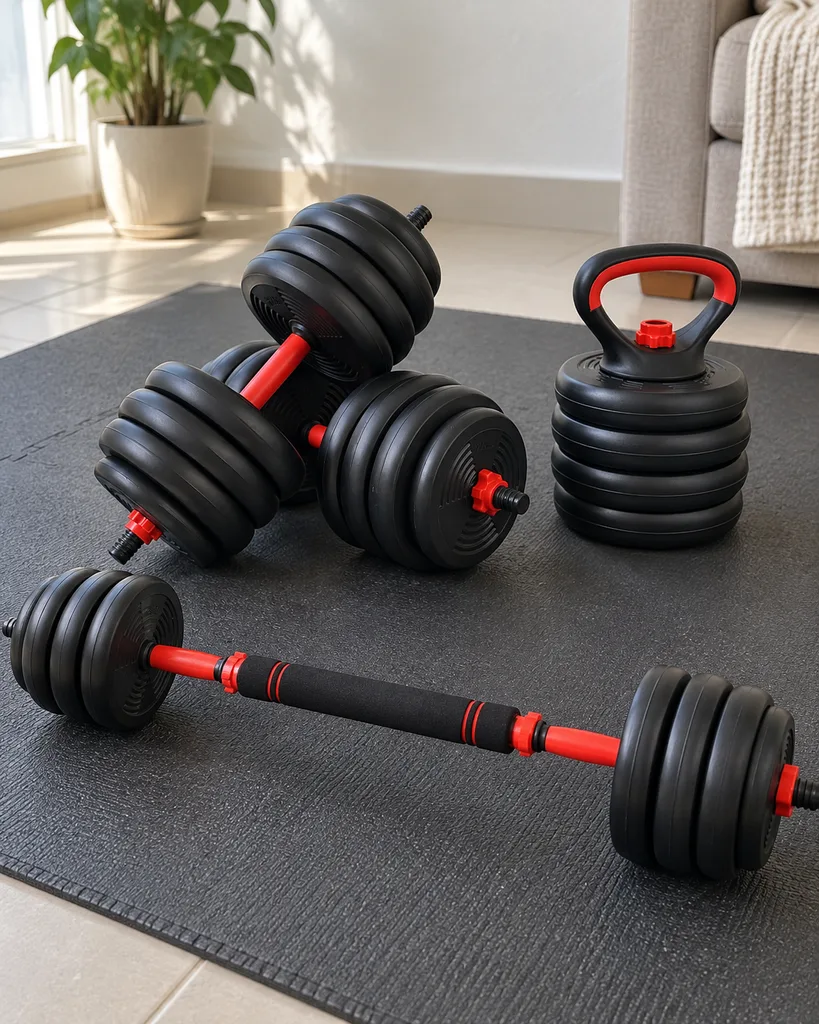 Kit Ahead Sports 6 em 1 preto e vermelho no tapete da sala: dois halteres, kettlebell montado e barra longa