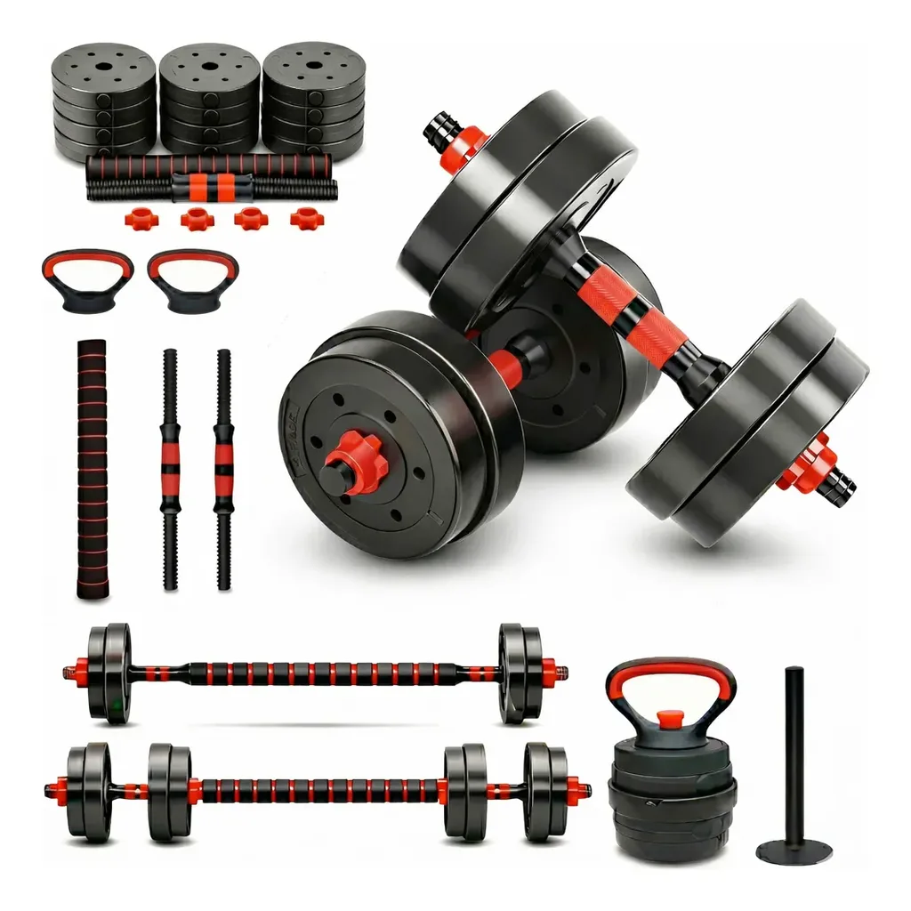 Kit de halteres KNACK de 15 kg: dois halteres de anilhas pretas, barra de conexão, puxadores de kettlebell vermelhos e base