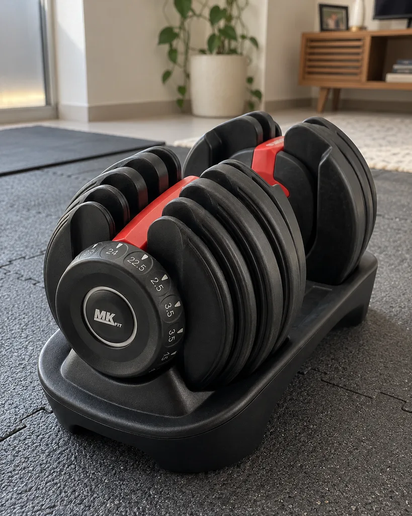 Halter ajustável MKFIT de 24 kg na base, sobre o piso emborrachado da sala